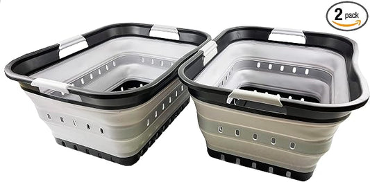 SAMMART 42L (11 gallon) Collapsible Plastic Laundry Basket - Foldable Pop Up Storage Container/Organizer - Portable Basket - Space Saving Hamper (Black/Alloy Grey (Set of 2))