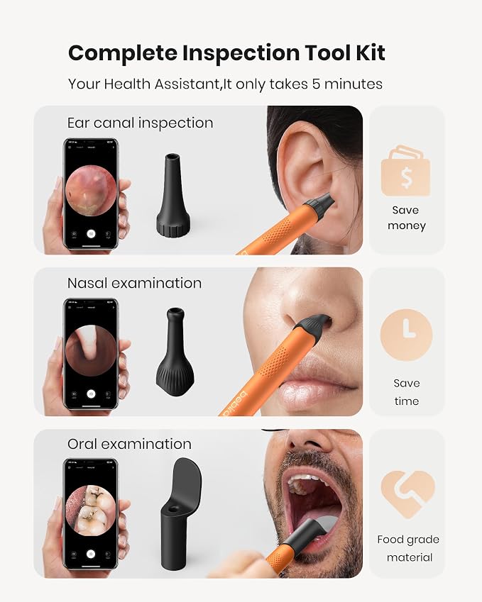 BEBIRD R1 Wax Removal Tool for Ear - Spade Ear Canal Cleaner with Camera 1080P Earscope, Wax Remove Ear Picker with Vari Replacement Tips, Camera with 6LED Light, Orange