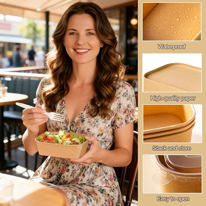 50 Pack 22Oz Disposable Meal Prep Containers With Lids and Forks-Disposable Kraft Paper Bowls-to go food containers-Microwavable and Freezer Safe Take Out Containers for Hot/Cold Food Prep and Salad
