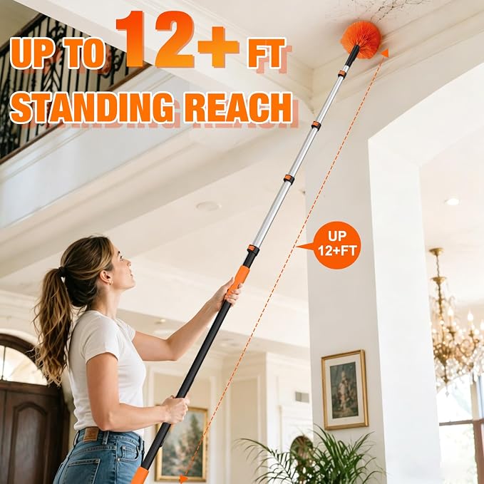 LAANPOLE 12FT Cobweb Duster with Extension Pole, Spider Web Brush for Cleaning Extendable, Professional Ceiling and Corner Dusters for Outdoor Indoor Use