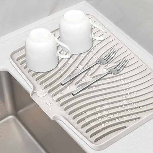 TIKNIK Silicone Dish Drying Mat for Kitchen Counter - Heat Resistant & Non-Slip Dish Drain Pad with Built-In Drain, Dishwasher Safe, Quick-Dry, Hangable & Roll-Up for Storage, Cream-1pcs, 20" x 15"