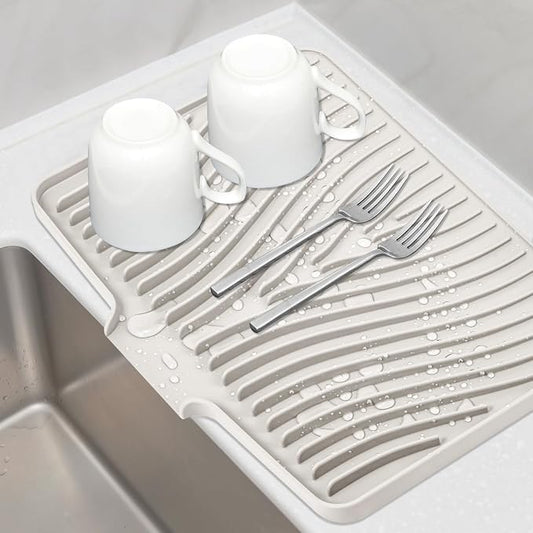 TIKNIK Silicone Dish Drying Mat for Kitchen Counter, Dish Drying Pad, Non-Slip Drain Pad with Built-in Drain, Heat Resistant Stone Drying Mat(16" x 12", Cream)