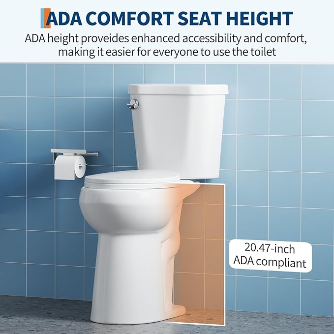 Two Piece Toilet, 21" Round ADA Comfort Height with Upgraded Flushing, Single Handle (Side Mounted), Includes Soft-Close Seat & Hardware, White, 12" Rough-in