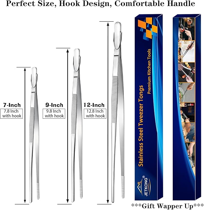 JETKONG Food Tweezers Precision Serrated Tips Kitchen Tweezers Professional Cooking Tweezer Tongs, Set of 3 (7 9 12 Inch, Silver)
