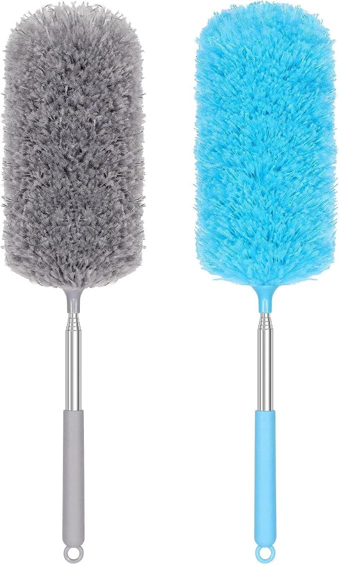 2 Pack Microfiber Duster for Cleaning, Washable Hand Dusters with Extendable Pole, Cleaning Supplies for Office, Car, Furniture, Ceiling Fan