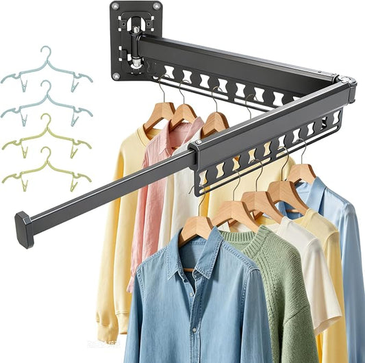 Wall Mounted Clothes Drying Rack Foldable & Space-Saving with 4 Hangers | Windproof Aluminum Laundry Drying Rack Clothing, Retractable Drying Racks for Laundry Room Balcony Bathroom, Indoor/Outdoor