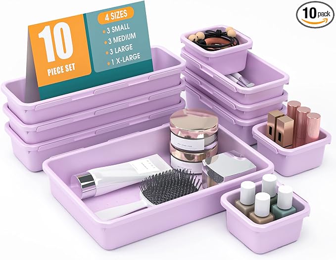 10 PCS Drawer Organizer Set, 4 Size Makeup Drawer Divider Organizer With Non-Slip Pads, Interlocking Plastic Storage Bins for Office,Jewelry Vanity,Gadgets, Bathroom,Kitchen, Purple