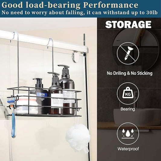 Shower Caddy Hanging Shower Orangizer Stainless Steel Shower Rack with Hooks Over The Door, Shampoo Basket Storage (Black)