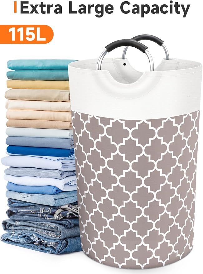 Large Laundry Basket, 115L Tall Collapsible Hamper with Handles, Khaki | Freestanding Laundry Hamper, Waterproof Dirty Clothes Storage Bag for College, Bathroom, Foldable Washing Bin for Travel