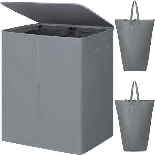 WOWLIVE 154L Double Laundry Hamper 2 Section with Lid and Removable Bags | Divided Laundry Basket, Large Dirty Clothes Hamper with Handle, Collapsible Laundry Storage for Dorm Room, College, Grey