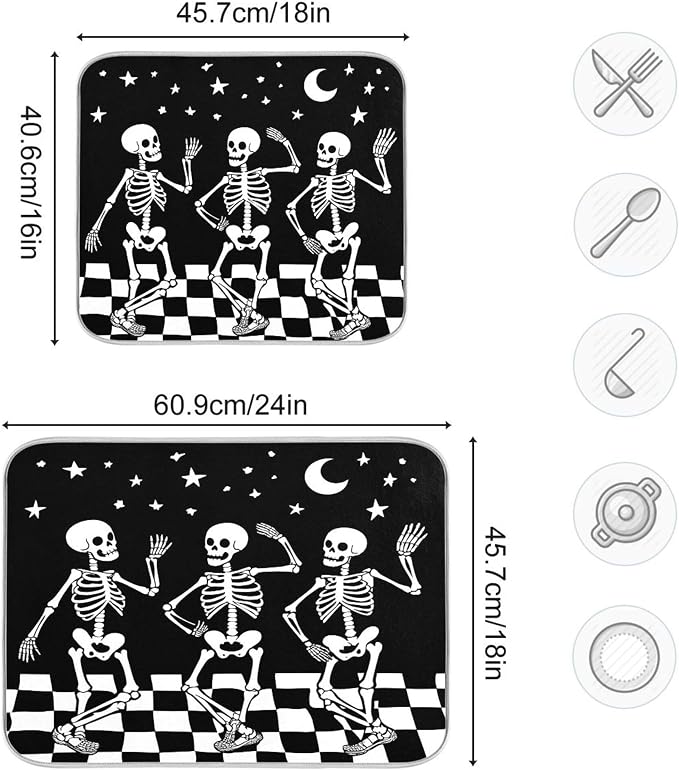 Halloween Skull Dance Dish Drying Mat for Kitchen Countertop 16x18 Spooky Skeleton Black Small Drying Mat Reusable Quick Dry Dish Sink Mats Easy Clean Decorative Essentials