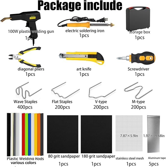 Plastic Welder,2 in 1 Plastic Welding Kit,Hot Stapler Car Bumper Repair Kit | SONNLER 1000PCS Hot Stapler For Car Bumper Crack Repair with Iron , Rods, Metal Mesh, Abrasive Paper, Aluminum Tape
