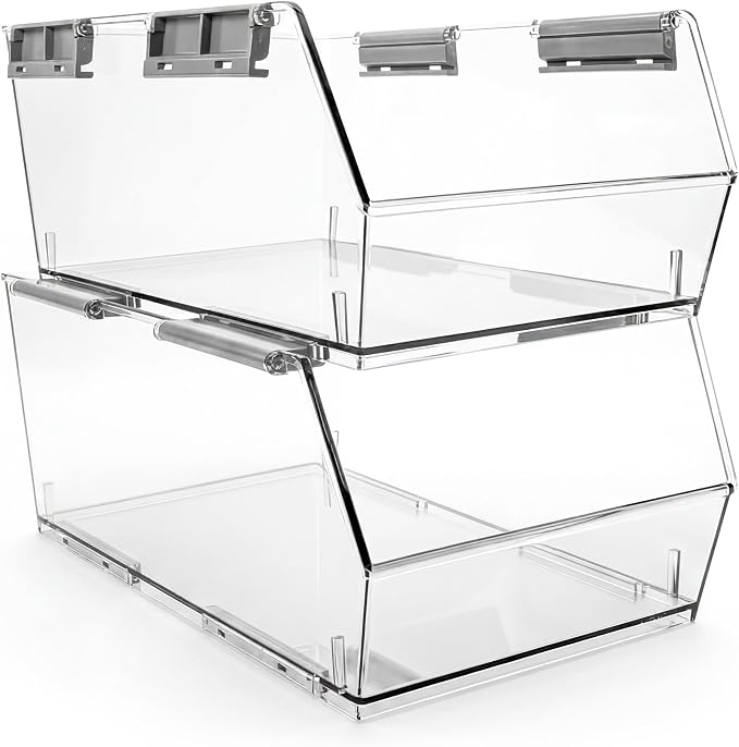 HOMESTEAD Set of 2 Large Stackable Storage Bins, Clear Plastic Organizer Bins, Open Front Design for Kitchen Pantry, Fridge, Cabinet, Bathroom and Cabinet Organization