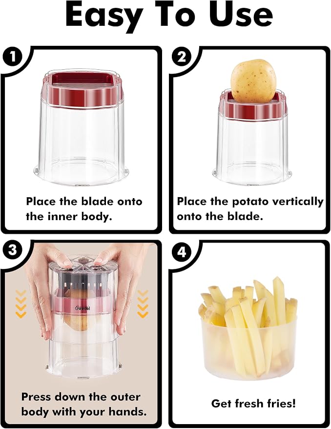 French Fry Cutter, Professional Home Style Onion Chopper, Vegetable Chopper Dicer Manual, Easy to Clean, Ultra Sharp Blades Thick-Strip Fry Cutter Apple Slicer and Corer, 3 Blades