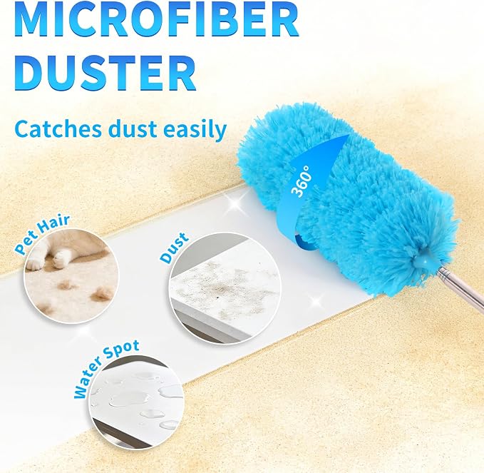 2 Pack Microfiber Duster for Cleaning, Washable Hand Dusters with Extendable Pole, Cleaning Supplies for Office, Car, Furniture, Ceiling Fan
