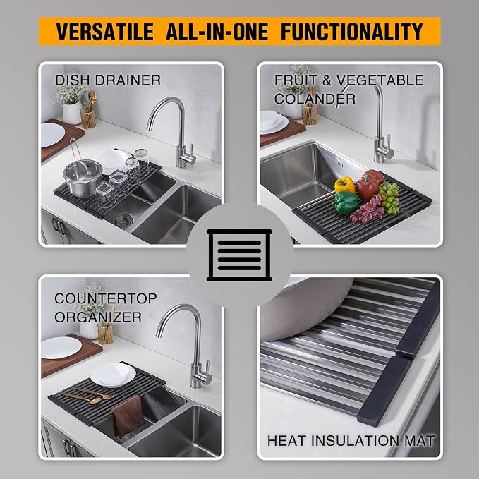 Foldable Over Sink Dish Drying Rack, 304 Stainless Steel Kitchen Drain Rack for Tableware, Detachable Silicone Edge, Rectangular Tubing, Black,3 Fold 19.7" x 11.42"