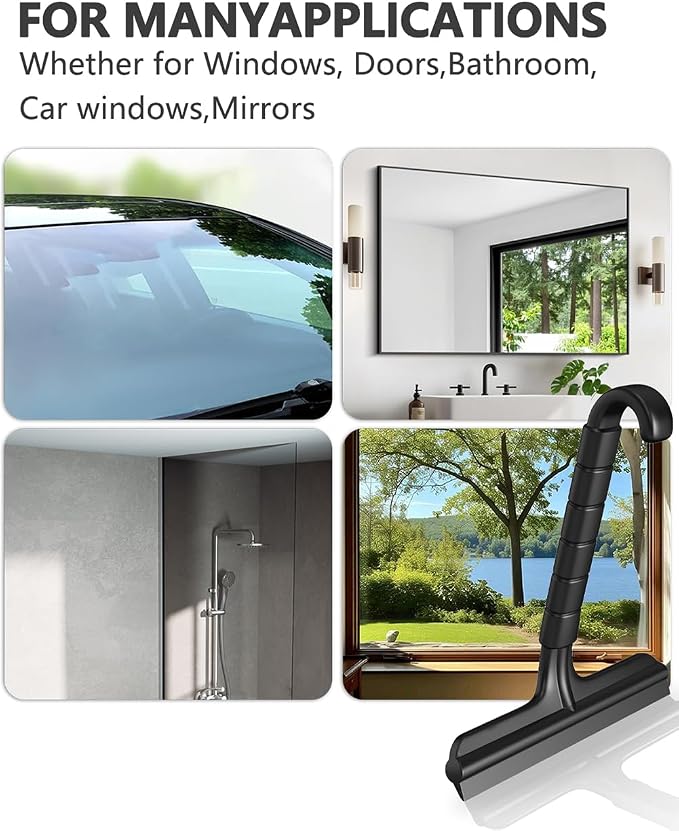 Shower Squeegee for Glass Doors, 8 Inch Bathroom Squeegee for Shower Glass | Window Squeegee for Tile Shower Walls, Car - Ergonomic Silicone Streak-Free Squeegee with Hook, Rust-Proof, No-Squeak