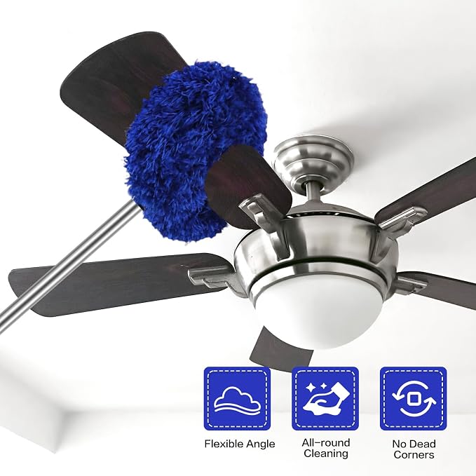 Ceiling Fan Cleaner Duster Reusable Microfiber Ceiling Fan Blade Cleaner Removable Duster with Extension Pole Adjusts 13 to 49.7 Inch for Cleaning Walls Furniture Door Window Top (Dark Blue)