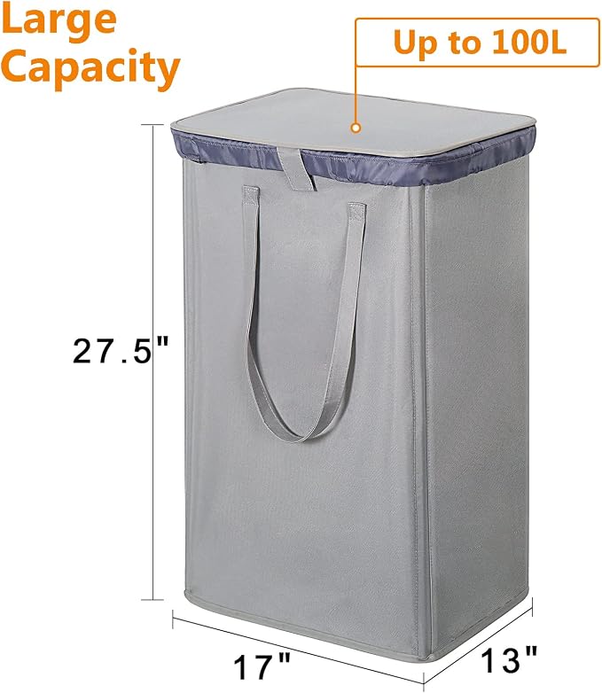 WOWLIVE 100L Laundry Hamper with Lid, Tall Dirty Laundry Basket for Dorm | Large Collapsible Dirty Clothes Hamper with 2 Removable Bags and Handles for Laundry Room, College Dorm, Grey
