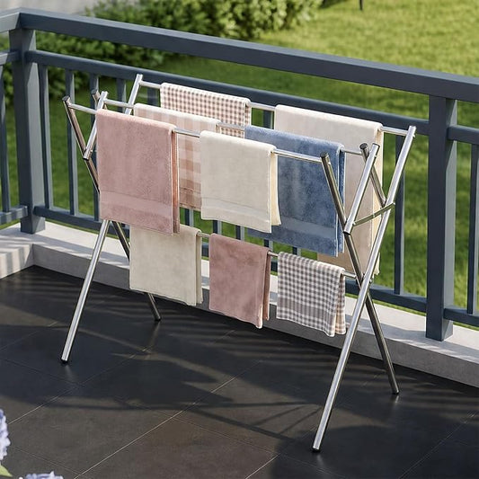 Drying Rack for Clothes, Compact 4 Drying Poles Foldable Laundry Rack, Stainless Steel Portable Clothes Airer for Towels, Baby Clothes, Bibs & Swimsuits, for Balcony & Laundry Room Use, Silver