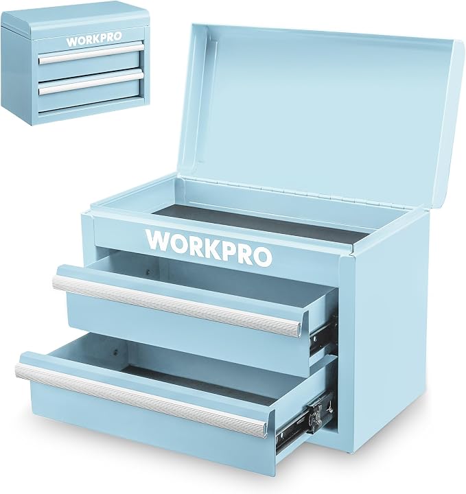 WORKPRO Metal Mini Tool Box with 2 Drawers and Top Storage | Cold Rolled Steel Toolbox, Ball Bearing Slides, PVC Drawer Liners, PP Feet Pads, Durable Storage
