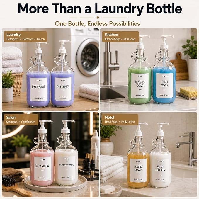 2 Pack Glass Laundry Detergent Dispensers, 64 oz Half Gallon Bottles | Reusable Glass Bottles with Pumps and Labels for a Clean, Organized and Stylish Laundry Room.