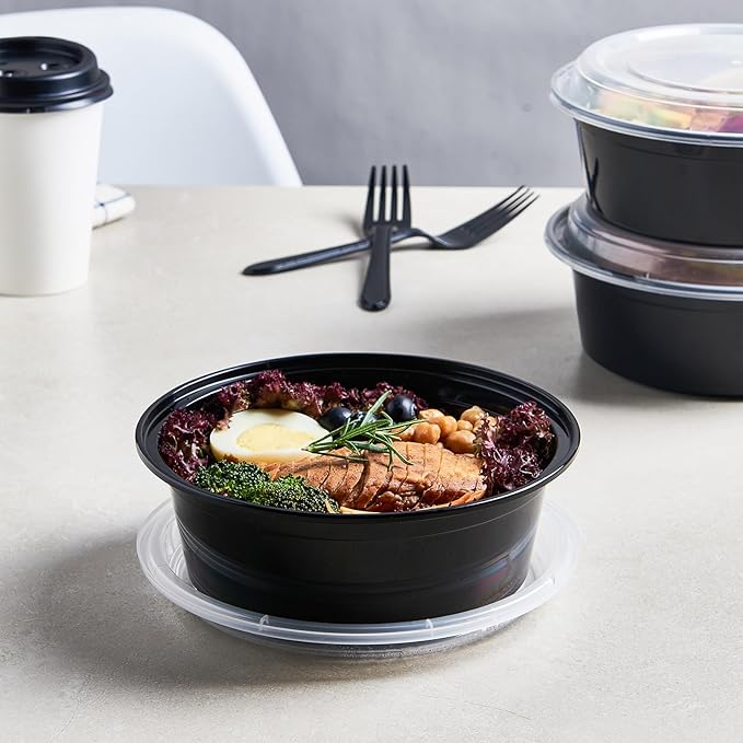 Jaluxing 32 oz 50 ct Round Meal Prep Containers with Lids Plastic Food Storage Lunch Plan To Go Box Disposable Take Out Bowls BPA Free Durable Stackable Microwave Freezer Safe (Formerly FULING)