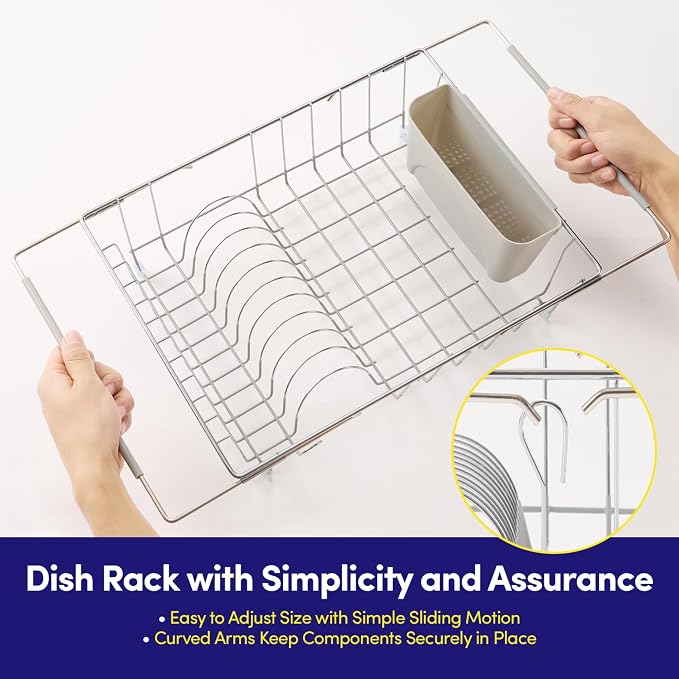 Dish Drying Rack Over the Sink Expandable to 24.5" Dish Drainer — Space-Saving Rectangular Kitchen Extending Drying Station with Utensil Holder, Fits Most Sinks for Easy Dish Organization, Silver