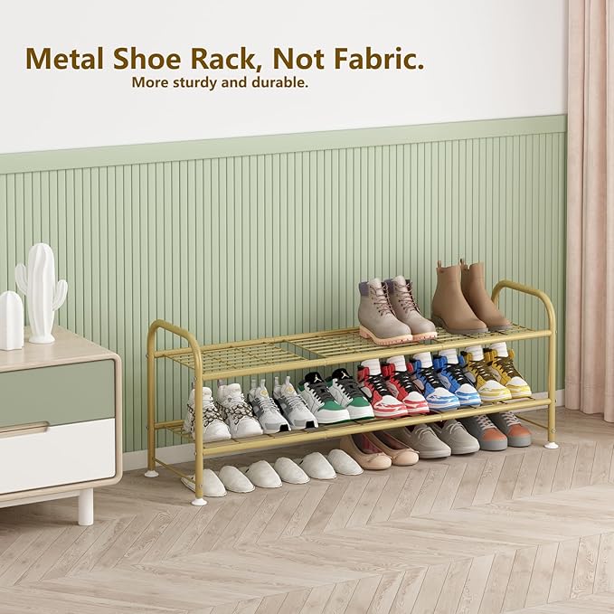 LINZINAR 2 Tier Long Shoe Rack for Closet Metal Shoe Organizer for Entryway | Spacious design stores 15+ pairs of shoes,durable metal frame,space-saving organizer for closet, hallway, and Entryway Gold