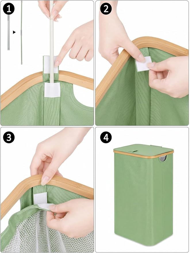 IEGrow Laundry Hamper with Lid,110L Laundry Basket with Mesh Bag,Green | Dirty Clothes Hamper Basket with Bamboo Handle for Clothes Towels Organization
