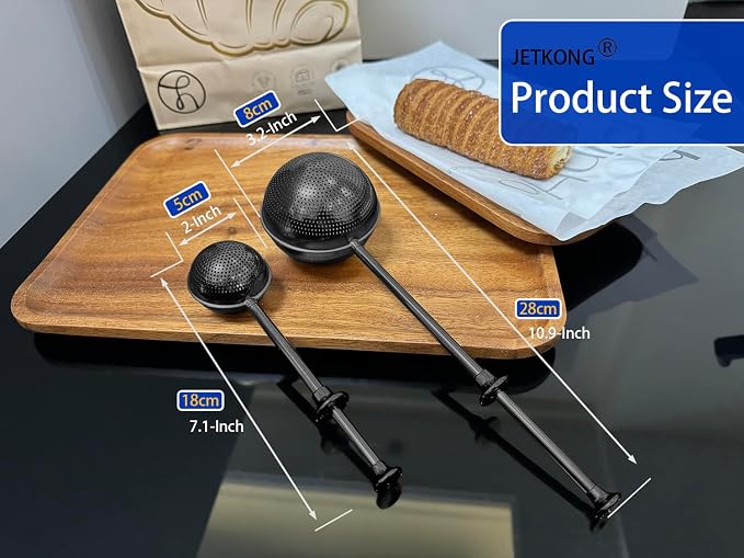 JETKONG 2 Pcs Flour Sifter, Stainless Steel Flour Duster for Bread Baking, Bakers Dusting Wand for Powdered Sugar and Spices (Small+Large, Black)
