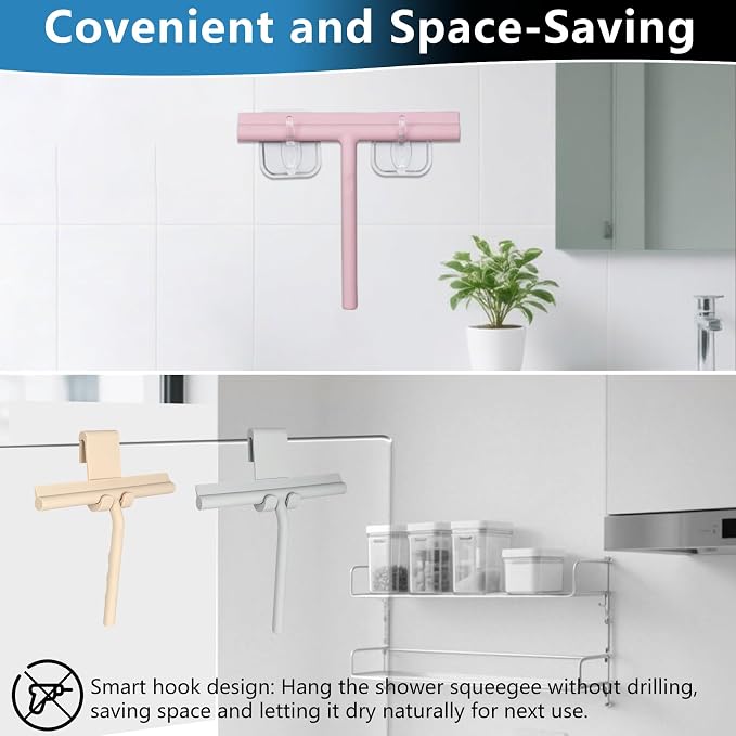 Shower Squeegee for Glass Doors, Full Silicone Jacketed Squeegee with Ergonomic Handle & No-Drill Hook, Cleaning Tool for Windows, Mirrors, Tiles, Bathroom & Car - Grey