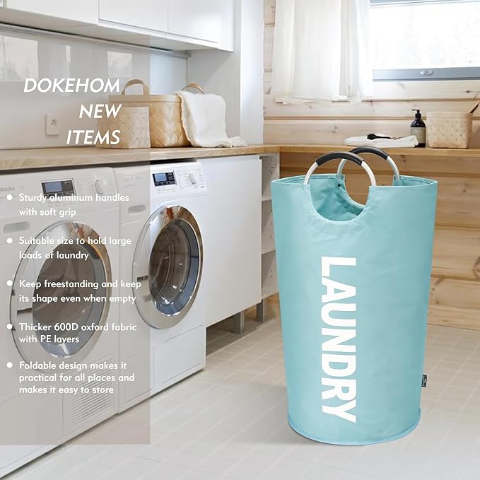 DOKEHOM 90L Large Laundry Basket Bag, Collapsible Tall Hamper, Light Blue | Freestanding tall washing bin & foldable laundry bag. High-capacity clothes storage basket with durable sturdy handles