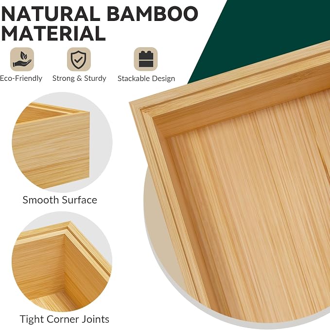 Lixple Bamboo Drawer Organizer, Narrow Stackable Cutlery Tray for Kitchen, 2 Pcs Silverware & Utensil Box, 12" x 3" x 2" (Outer), 11.3" x 2.3" x 1.77" (Inner)