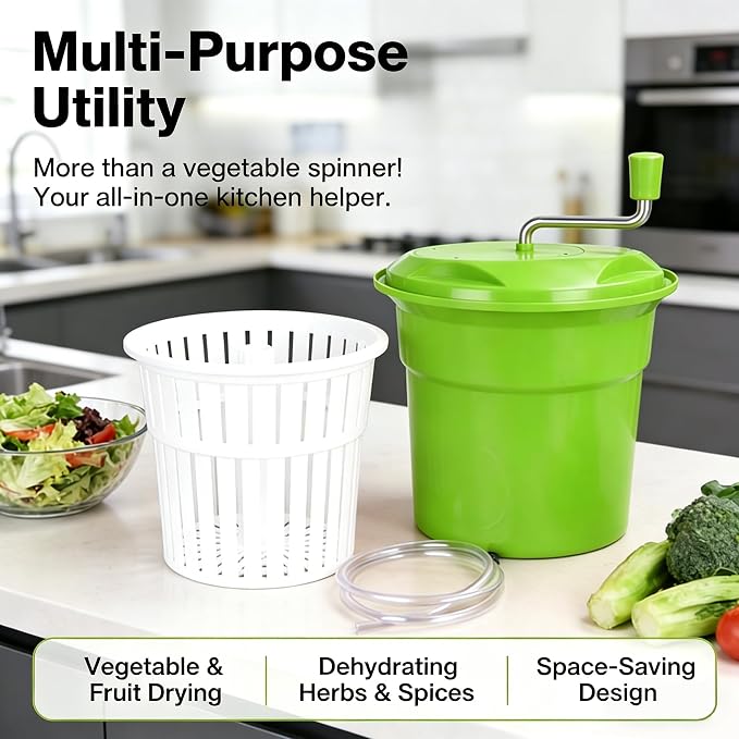 Heavy-Duty Vegetable Spinner, 12L Large Capacity Salad Dryer, Manual Lettuce Spinner for Commercial Catering, 3 Gallon Food-Grade Veggie Drainer for Restaurants, Food Trucks & Home Kitchens