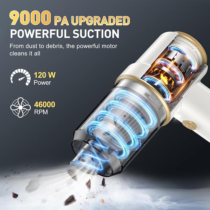 KMM Handheld Car Vacuum Cleaner, 9000PA Hand Held Vacuum & Air Duster | Strong Suction, 120W High Power, Portable, Cordless, Multi-Nozzles & LED Light, for Home, Car, Office