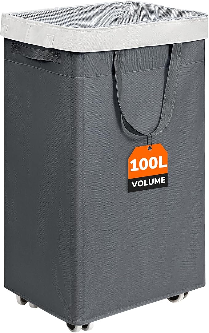 CHICVITA 100L Large Rolling Laundry Basket with Wheels & Wash Bag, Grey | Collapsible design saves space for corners and dorms. Removable wash bag for easy laundry transport