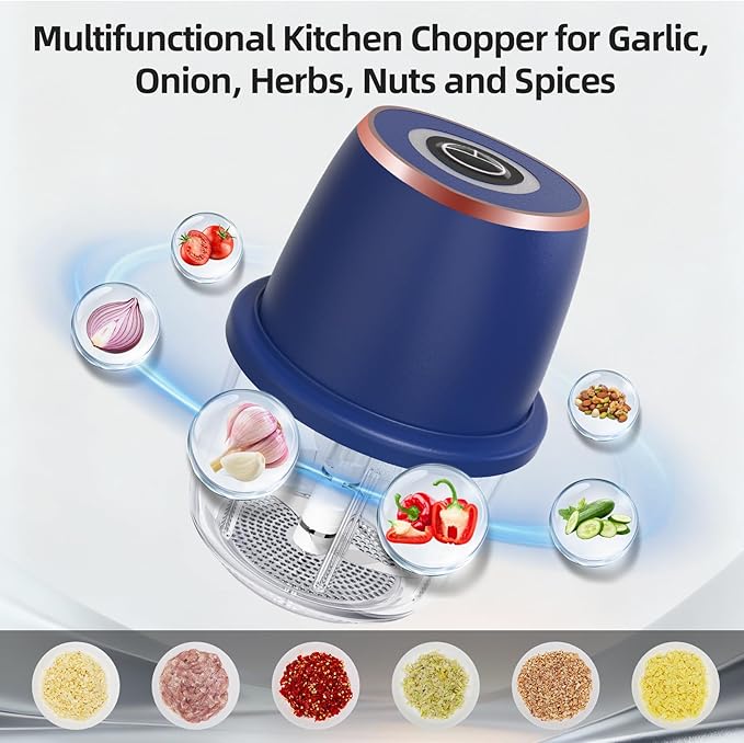 Electric Garlic Chopper, Mini Food Processor & Vegetable Chopper, 350ml Portable Cordless USB Rechargeable Garlic Chopper, Mini Chopper for Onion, Herb, Nut, Easy to Clean Glass Container（Blue）