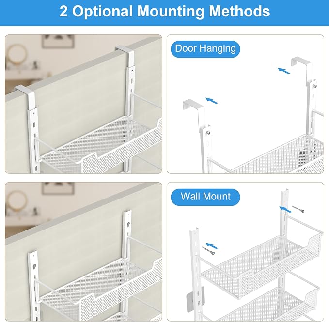 VyGrow 12.3" W Narrow Over the Door Pantry Organizer, 8-Tier Over the Door Organizer with Adjustable Basket, Pantry Door Organization for Pantry Kitchen Storage Room Spice Rack, White