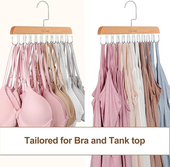 TOPIA HANGER 2 Pack Bra Hanger for Closet, Premium Wooden Tank Top Hangers | 40 Foldable Hooks, 360°Rotating Hooks, Easy to Install, Durable Solid Wood, Space Saving Storage for Tank Tops, Bras, Belts