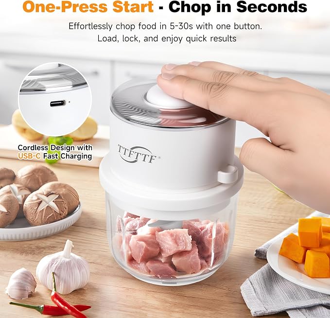 Electric Garlic Chopper, 350ML Glass Bowl Mini Food Processor, Portable Veggie Chopper Onion Garlic Grinder, Wireless Food Processor for Ginger, Chili, Fruit, Meat, etc