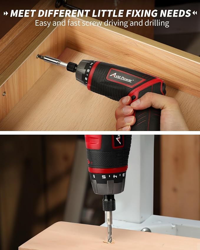 AVID POWER 4V Electric Cordless Screwdriver Set 5.65Nm 11 Bits - RED | 5.65Nm, 5+1 Torque Settings, 2-Position Handle, 11 Accessories, LED Light, for Precision Assembly & Furniture Installation