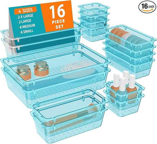 WOWBOX 16 PCS Plastic Drawer Organizer Set, 4 Sizes Desk Drawer Organization and Storage Containers for Makeup, Cosmetics, Jewelry and Gadgets in Kitchen, Bathroom, Bedroom, Office, Clear Sea Blue