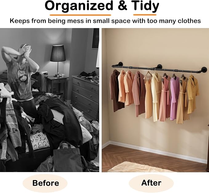 Wall Mounted Clothes Rack 72.5in, Industrial Pipe Clothing Racks Wall Mount, Heavy Duty Detachable Iron Garment Bar, Saving Space, Multi-Purpose Hanging Rod for Bedroom, Laundry Room, 2 Packs