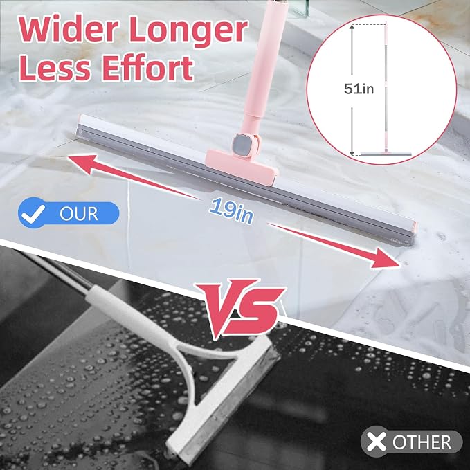 Floor Squeegee with Long Handle, 51 inch Stainless Steel Handle & 19 inch Rubber Blade, Heavy Duty Squeegee Mop for Tile, Garage, Shower Glass, Marble, Windows Cleaning & Water Removal