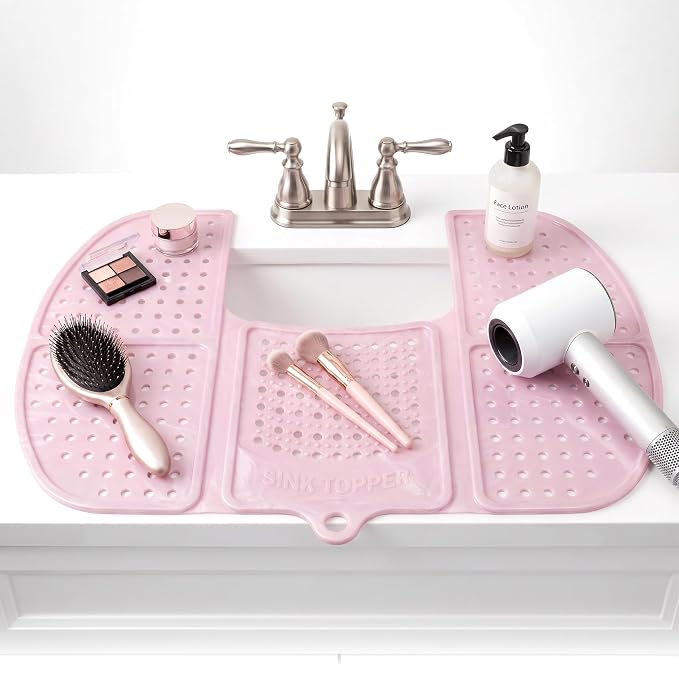 Sink Topper Bathroom Sink Cover for Counter Space, Large Pink | Holds up to 7 lb on a steel frame; fits over basins 19-23 in; 480°F silicone; foldable makeup mat; countertop extender