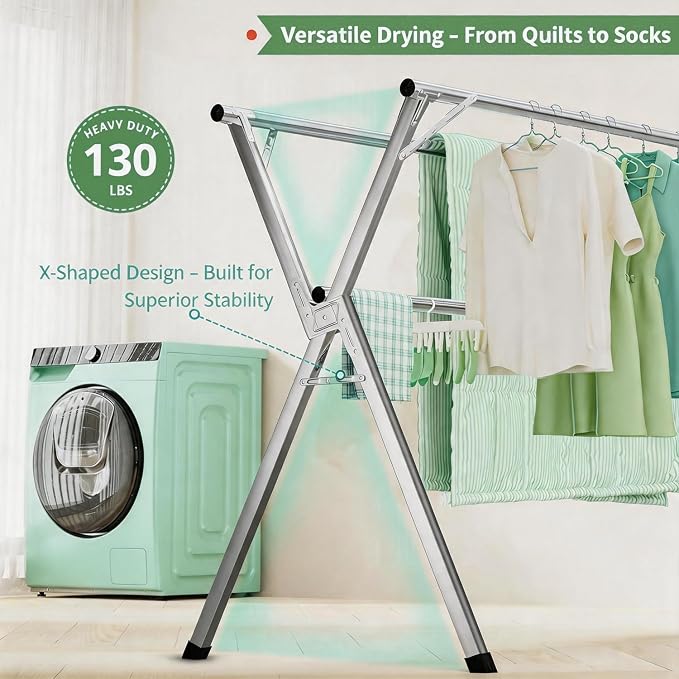 Foldable Clothes Drying Rack, Stainless Steel Laundry Drying Rack | Adjustable 56.3"-95", 20 windproof hooks, heavy-duty rustproof, folds compactly, indoor/outdoor use
