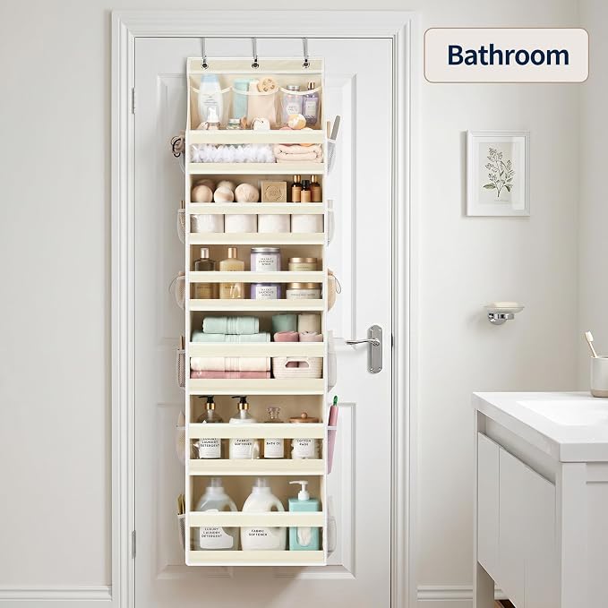 Yecaye 7 Tier Over the Door Organizer, Large Capacity Door Organizer Hanging with Clear PVC Windows, Behind the Door Storage for Bedroom Nursery Closet Laundry Pantry Bathroom, Cream White