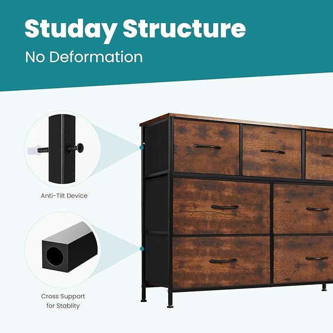 OLIXIS 7 Drawer Closet Organizer, Storage Tower with Sturdy Steel Frame | Dresser for Bedroom, Wooden Top & Easy Pull Fabric Bins, Clothes Organization, Living Room Entryway, Brown