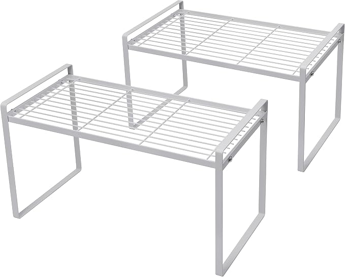 Shantton 2Pack Cabinet Shelf Organizer Storage Rack Space Saving for Kitchen Counter Pantry Bathroom Cupboard Under Sink Office Table Steel Stackable Rust Resistant Heavy Duty Nonslip 16” White - Tall